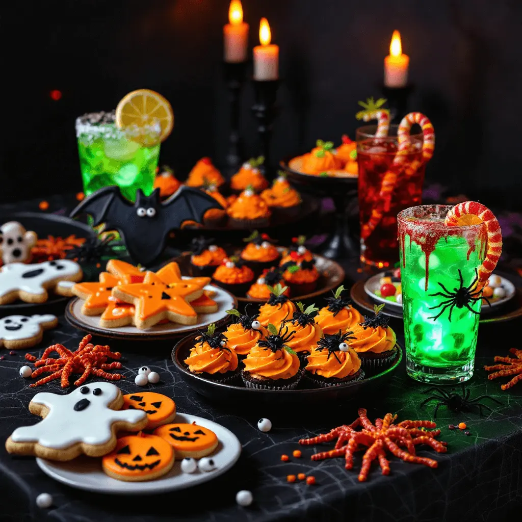  A table filled with various Halloween snacks, including decorated cookies, spooky cupcakes, and themed drinks.