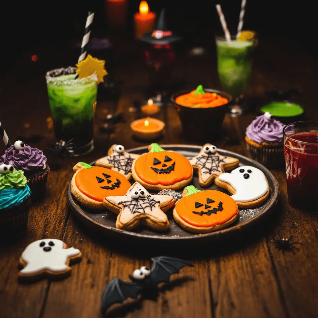 A table set with various Halloween snacks, including decorated cookies, spooky cupcakes, and themed drinks.