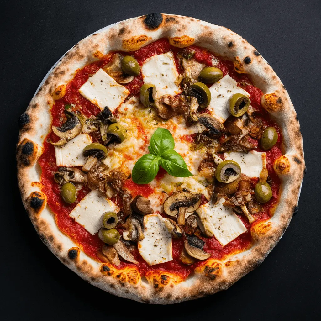 A beautifully baked gourmet pizza topped with quattro formaggi, green olives, and mushrooms, garnished with fresh basil