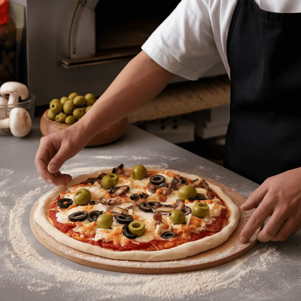 A person assembling a gourmet pizza with quattro formaggi, green olives, and mushrooms on a floured surface.