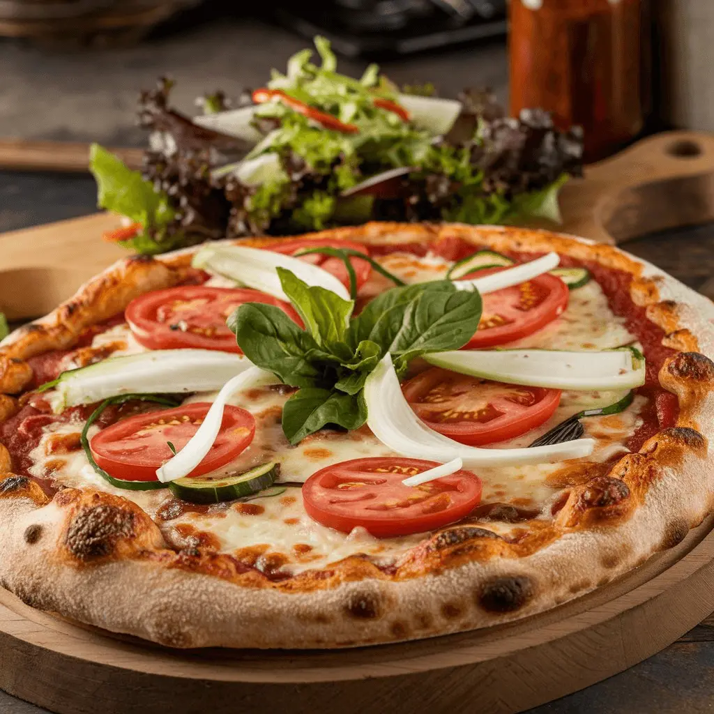 A beautifully baked gourmet pizza served on a wooden board, accompanied by a fresh salad.