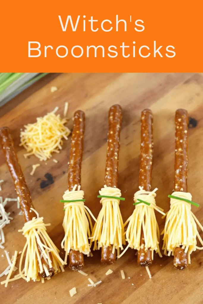 Witch's Broomsticks: Use pretzel sticks and string cheese to create broomsticks, tying them together with chives.